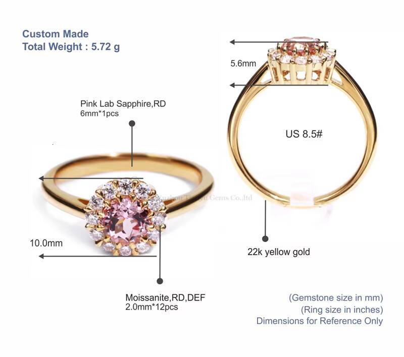 Tianyu Gems Flower Design 10k 14k 18k 22k Round Pink Lab Sapphire and Moissanite halo Women Custom Rings Solid Gold Jewelry