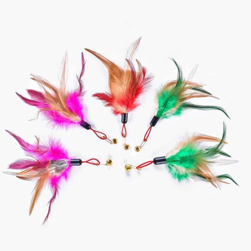 5Pcs Cat Teaser Wand Refills Chicken Feathers Replacement With Bell Interactive Kitten Toy Cat Toys S251029{category}