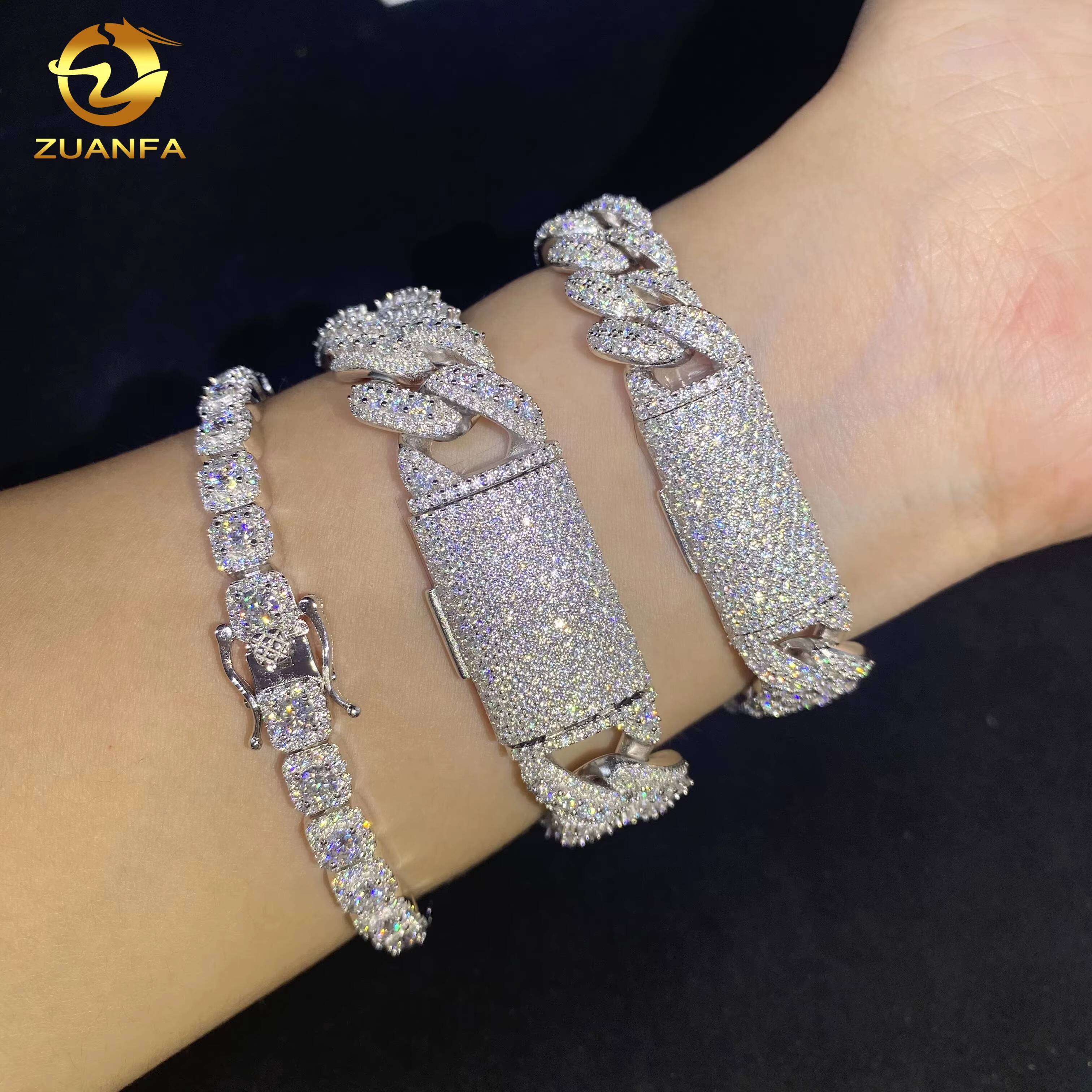 Hot Sale 3Style Hip Hop Moissanite Jewelry Iced Out Bracelet 925 Sliver VVS Moissanite Diamond Cuban Link Chain Bracelet for Men