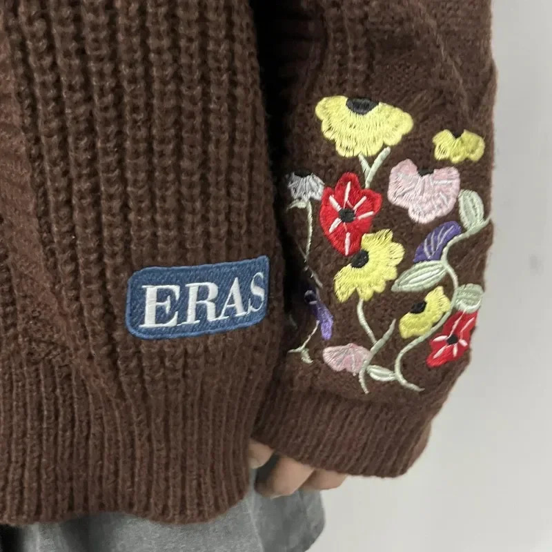 Plus Size Eras Cardigan for Women Autumn Winter Flower Embroidered Knitted Sweater Y2k Girl Vintage Fashion Cardigans Tops 251027
