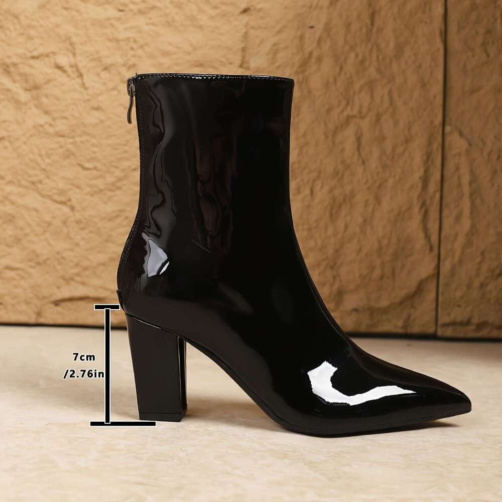 Women's Glossy Pink Pointed-Toe Chunky High-Heel With Zipper Closure Round-To-Pointed Arch, Comfortable Cushioned Insole TPU Sole, Winter-Ready D