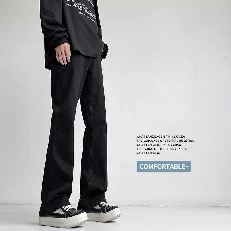 Autumn Vintage Straight Wide Legs BLACK Jeans Mens Streetwear Harajuku Washed Baggy Casual Flare Denim Trousers Y2K Male Pants J251030