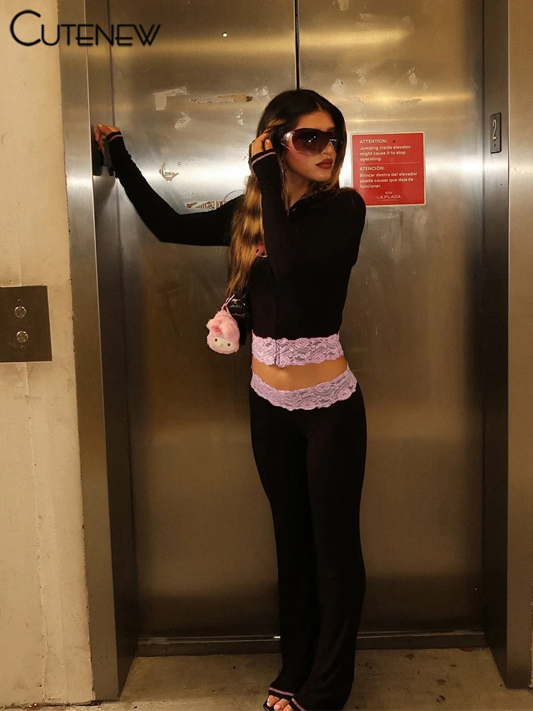 Cute Lace Patchwork Women 2 Piece Set Autumn Matching Outfits Printed Hooded Crop TosHigh Waist Pants Female Streetwear 251029