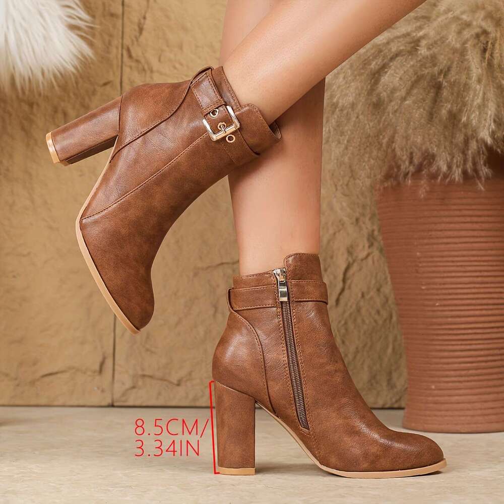 Ladies' Autumn Winter New Style French Matching Coat European And American British Retro Brown Thick Heel Pointed Buckle Korean Version High-End 