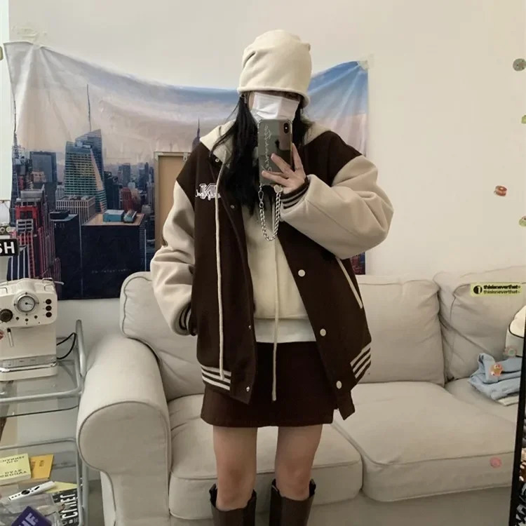 Ladies Thickened Fleece Lined Baseball Jacket Winter Ins Trendy Korean Versatile BF Lazy Style Outerwear Towel Embroidery 251029