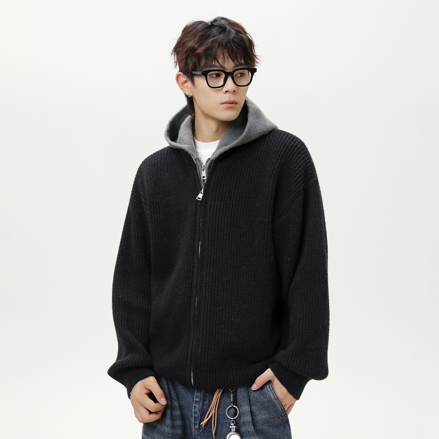Textured Imitation Deer Fur Plush Fake Two-piece Cardigan Hooded Designer Sweater Sweater Men's Autumn Winter Trendy Brand Couple Knitted Sweater