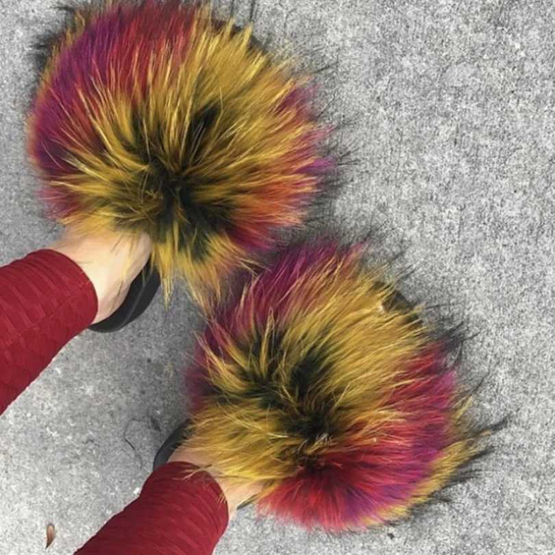 Fluffy Furry Fur Slippers Real Fox Fur Slides For Women Summer PVC Sole Flip Flops Sandals Women Open Toe Shoes Slippers H251030