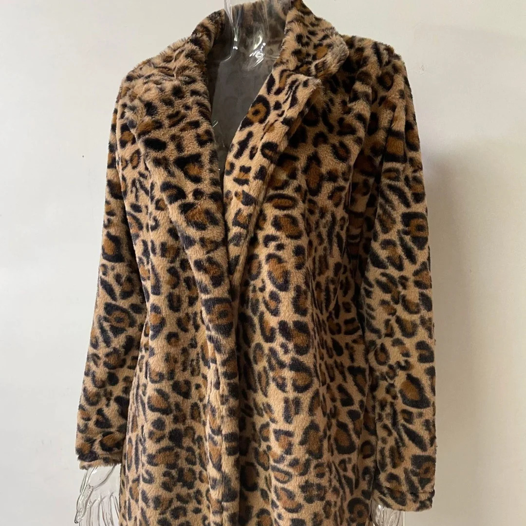 Women Autumn Winter Leopard Print Faux Fur Coat Long Sleeve Turndown Collar Fashion Outerwear Pocket Loose Thicken Overcoat 251028