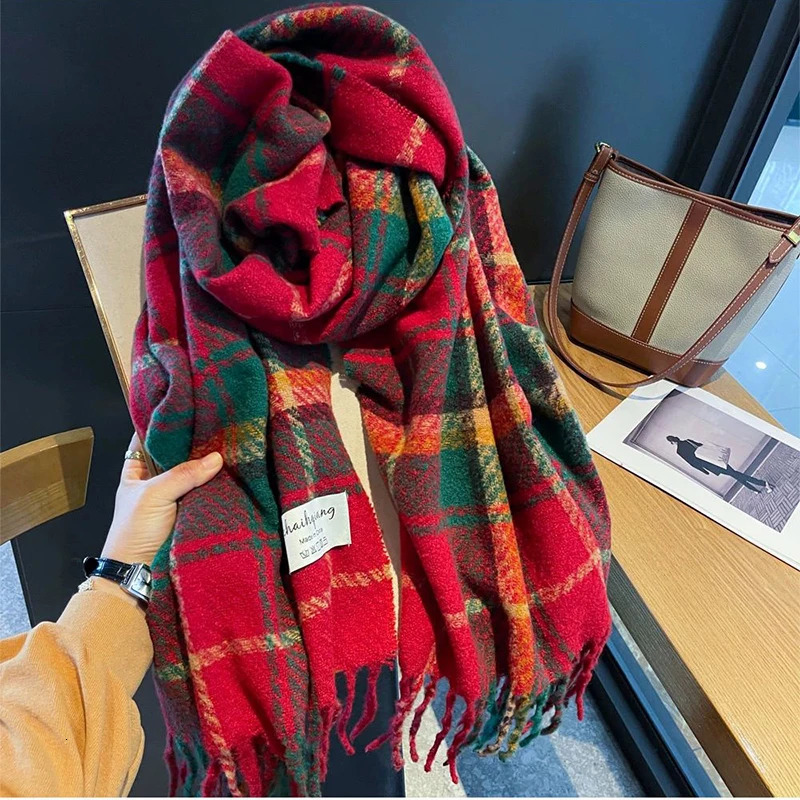 Women Winter Red Plaid Christams Scarf Cashmere Warm Pashmina Scarves Blanket Wraps Female Thick Soft Tassel Shawl Long Poncho 251023