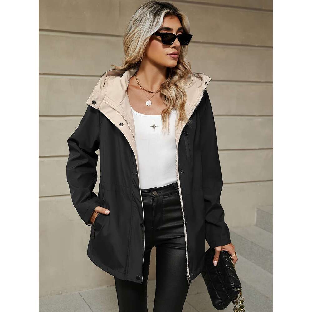 Long Sleeve Double Sided Drawstring Waist Hooded Jacket With Zip Up Button Front And Pocket Casual Women S Clothing