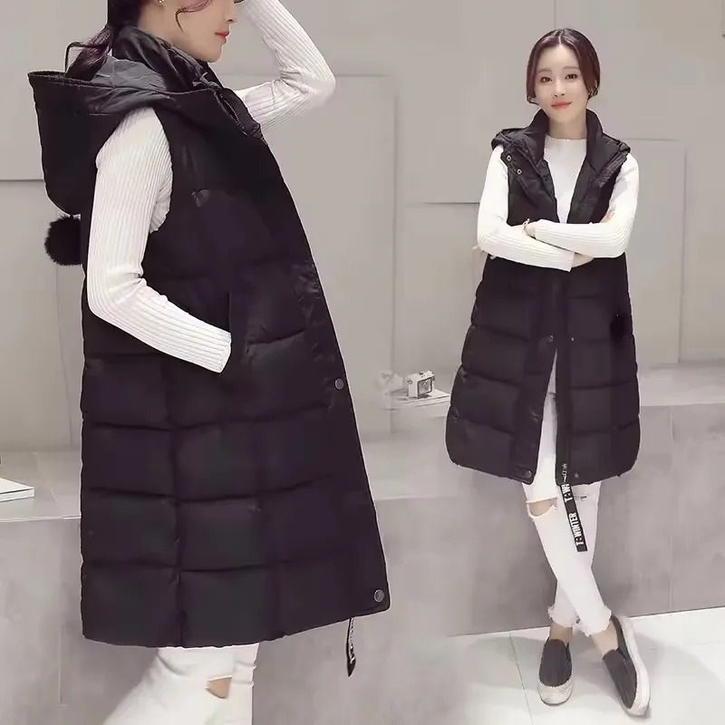 2025 Midlength Down Cotton Vest Coat Womens Autumn Winter Solid Hooded Casual Zipper Waistcoat Female Sleeveless Parkas 251024