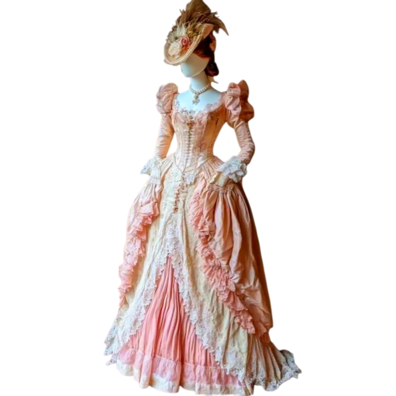 Historical Baroque Prom Dresses Ruched Long Sleeves Vintage Victorian Evening Gowns Pink Renaissance Formal Dress Costume