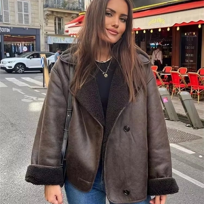 HH Women Thick Warm Outwear Faux Leather Jackets Autumn Winter Vintage Long Sleeve Lapel Coats Fashion Lady Streetwear Top y251010