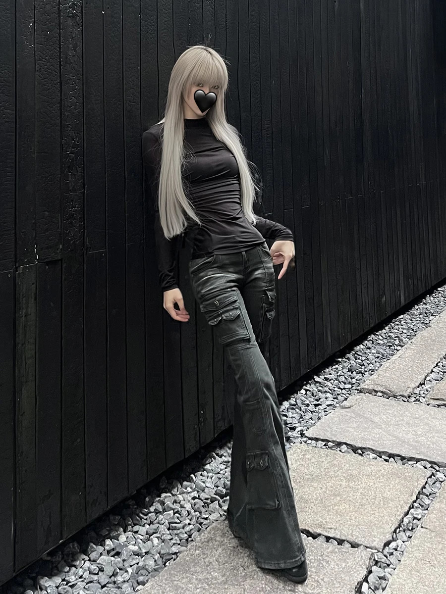 REDDACHiC Acubi Fashion Black Flare Jeans Retro Whiskers Skinny Stretch Low Rise Pockets Cargo Pants Women Grunge Alt Streetwear 251029