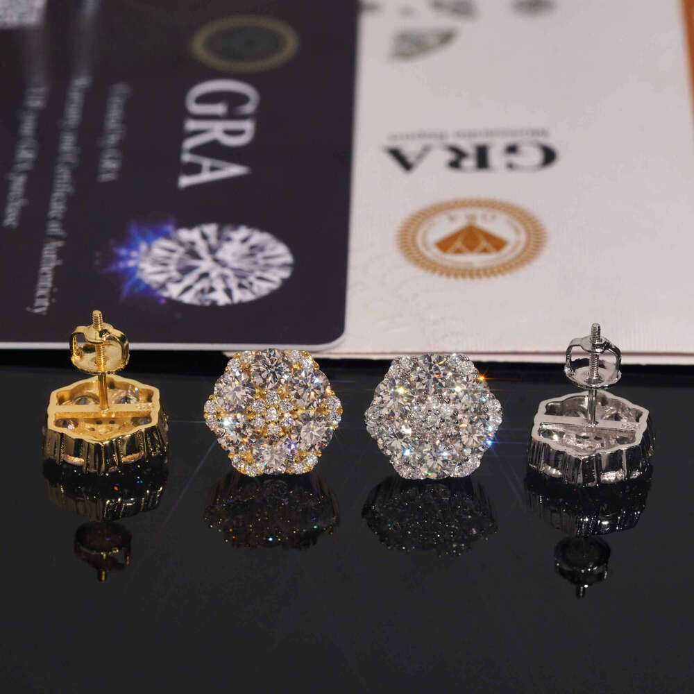 New hot sell by tester Hip hop Sier gold-plated VVS Dia diamond flower stud cluster Christmas gifts