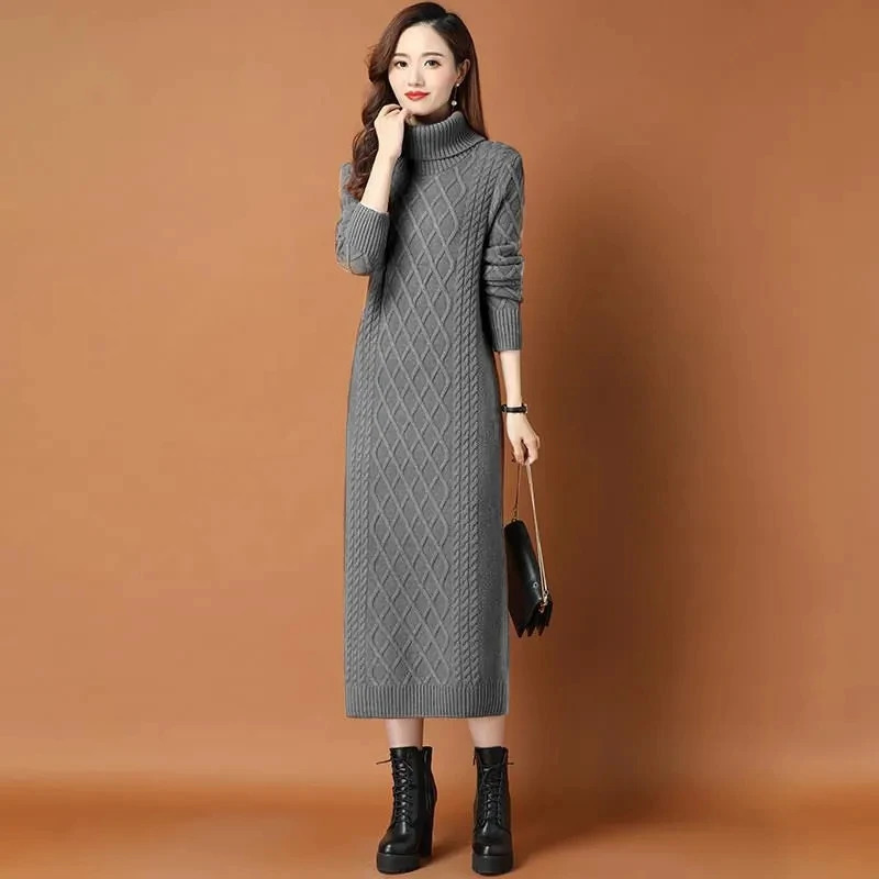 Female High Neck Long Sweater Women Thickened Autumn Winter Loose Outer Wear Twist Base Dress Femme Knit Dress Elegant 251029