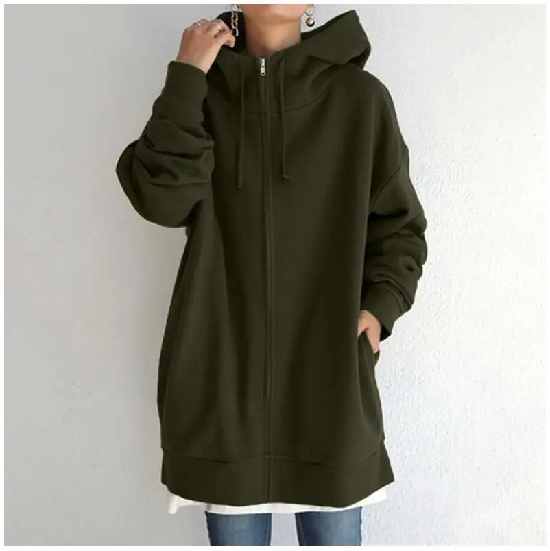Oversized S5XL Women Loose Hooded Coats Autumn Female Tie Collar Long Sleeve Zipper Up Add Velvet XLong Sweatshirt JYFSHS0714 251030