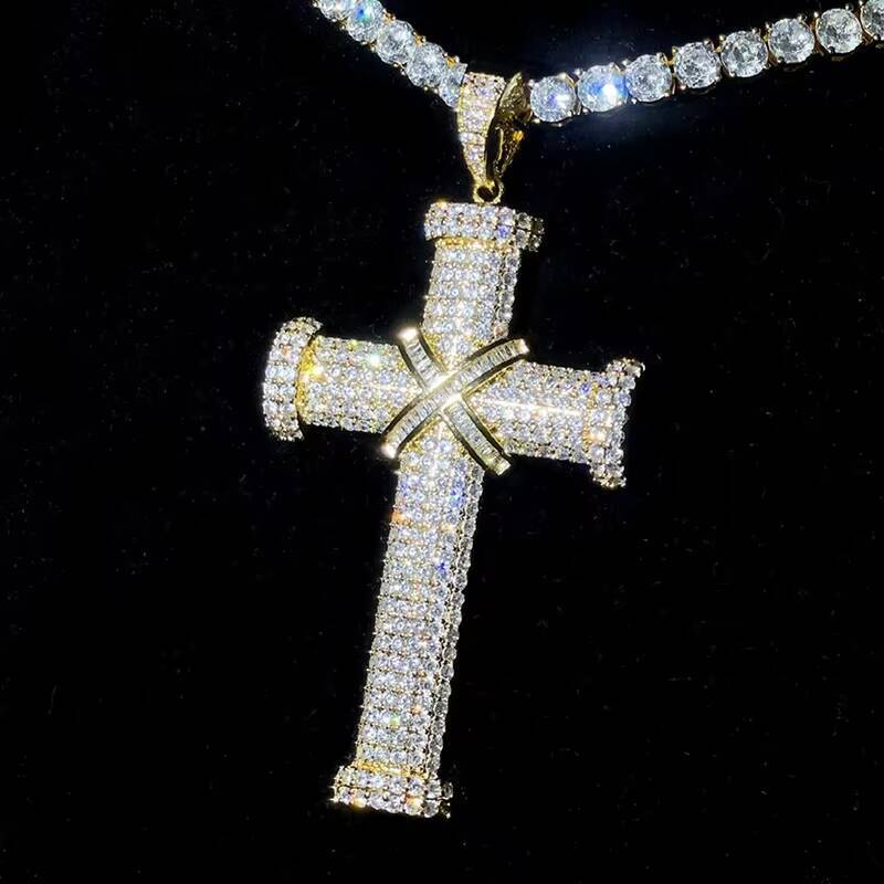 Christian Hip Hop Jewelry Pass Diamond Tester Bling Iced Out D Color Baguette VVS Moissanite Large Cross Pendant for Chain Men