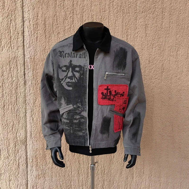 MWJLPWQ Trendy Patch Spliced Workwear Jacket Men Printed Niched Autumn Street Style Couple Laple Zipper Coat 11150 251023