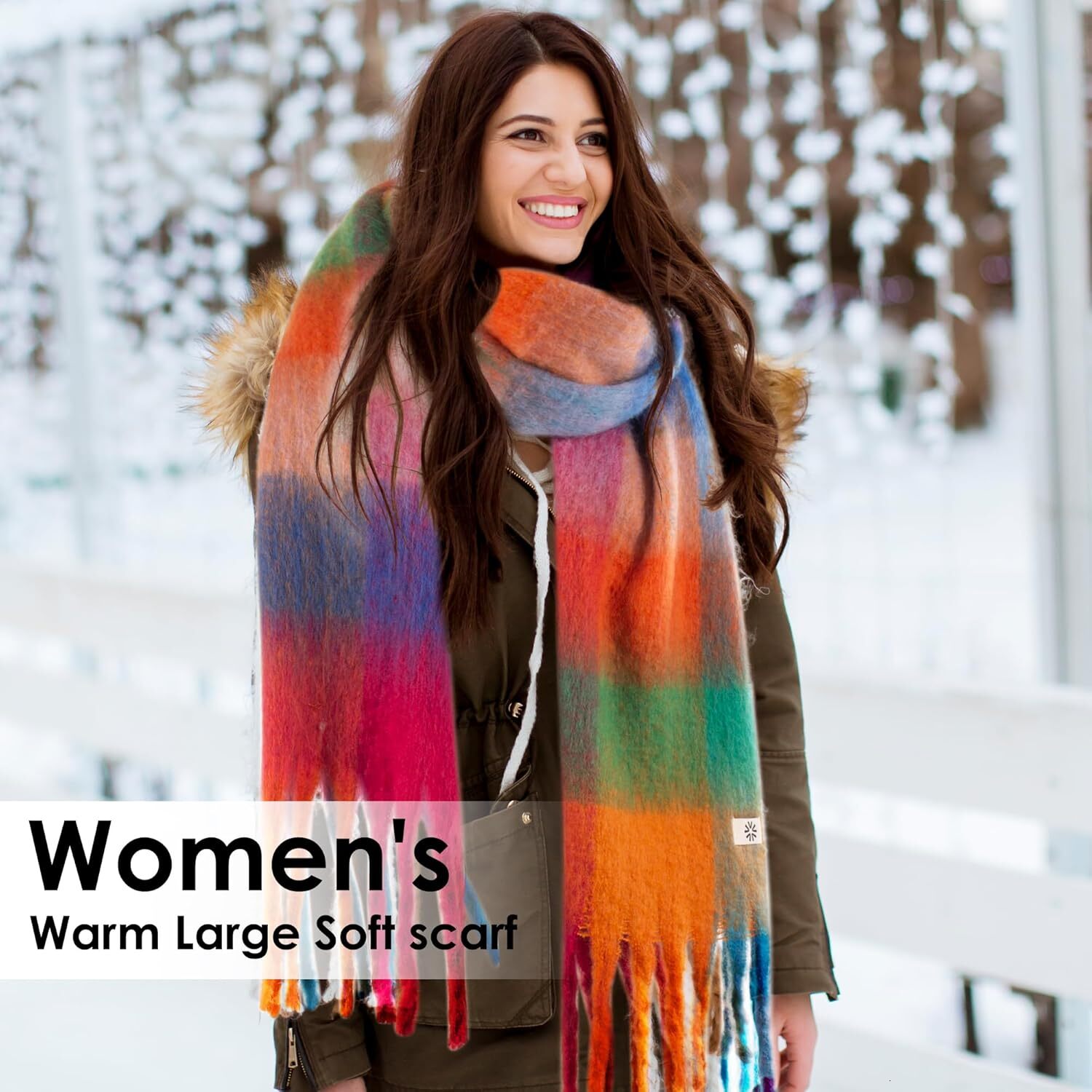Custom Womens Winter Scarf, Cashmere Feel Tassel Fashion Scarfs Colorful Plaid Long Shawl Large Scarves Christmas gifts