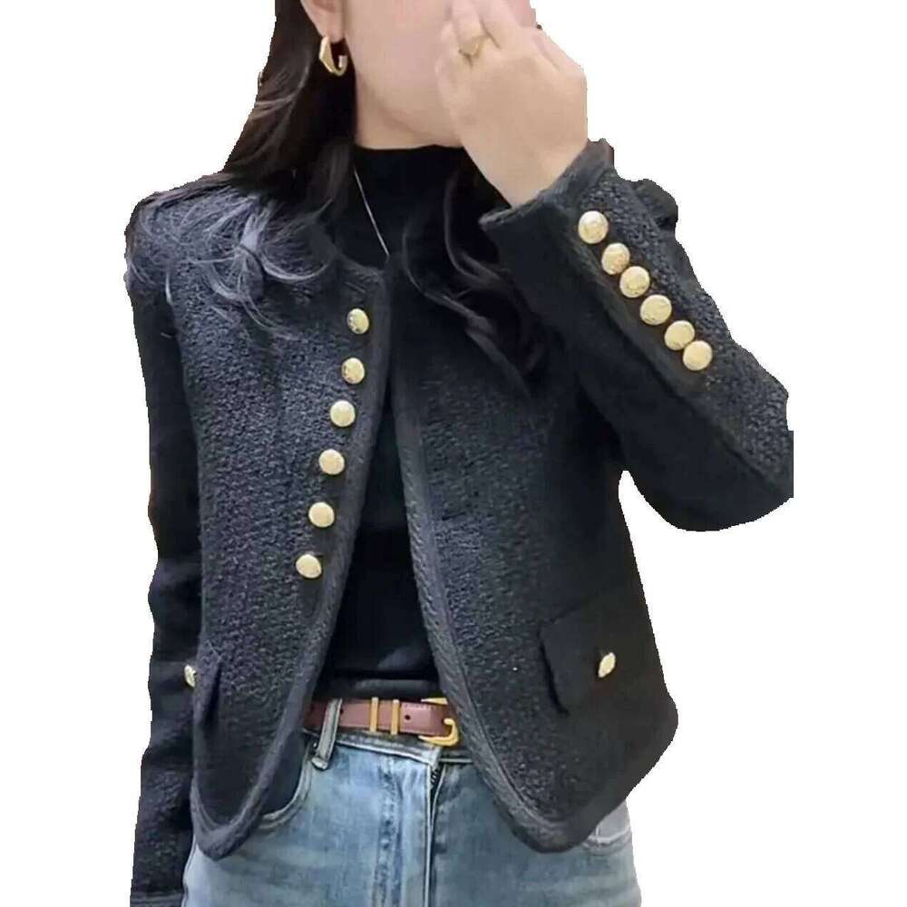Bla Gold Tweed Ort Jaet Women's Autumn Winter New Sle Commute Loose Fit Ket Design Pure Color Button Closure