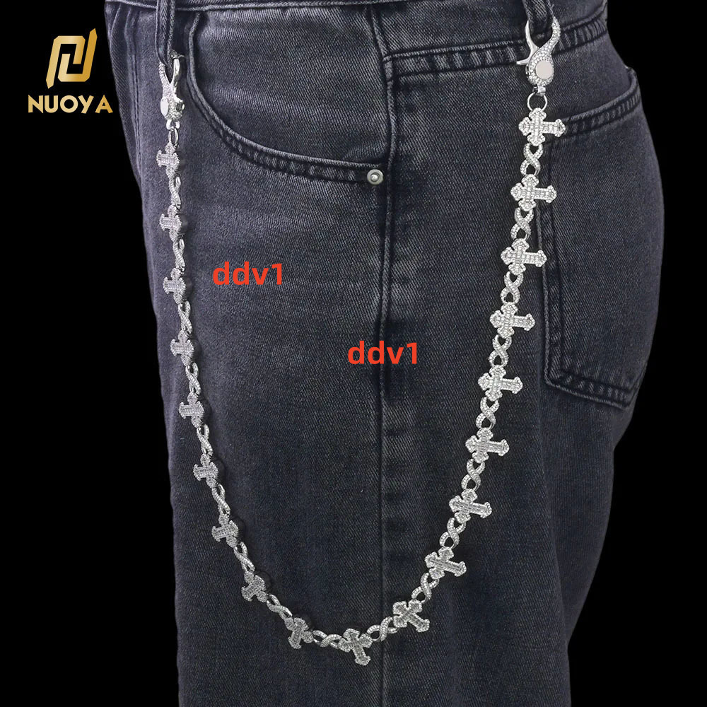 NUOYA Luxury 15MM Iced Out Pants Chain Silver Plated Cross and 8Character Infinite Design Bling moissanite Fine Hip Hop Jewelry Designer's style