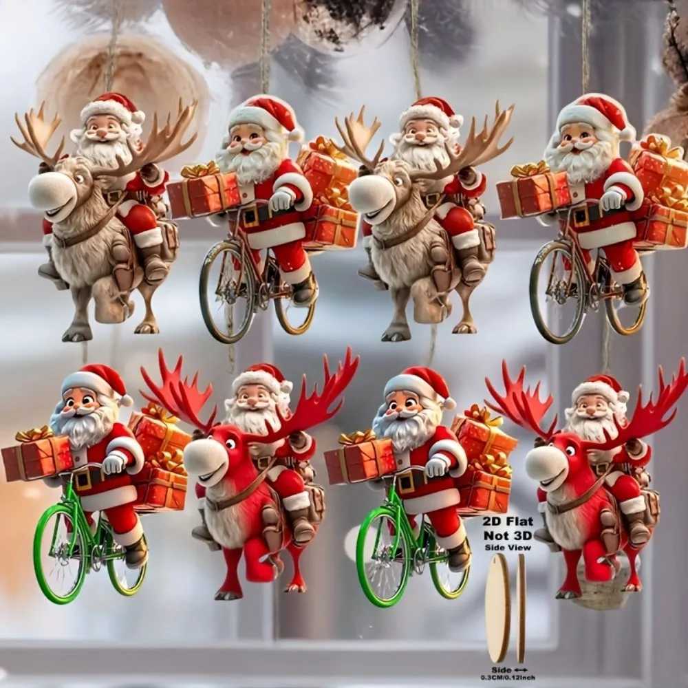81624PCS Christmas Wooden Bicycle Santa Claus 2D Flat Pendant Xmas Tree Decoration Holiday Gift Christmas Ornaments Home Decor C251030