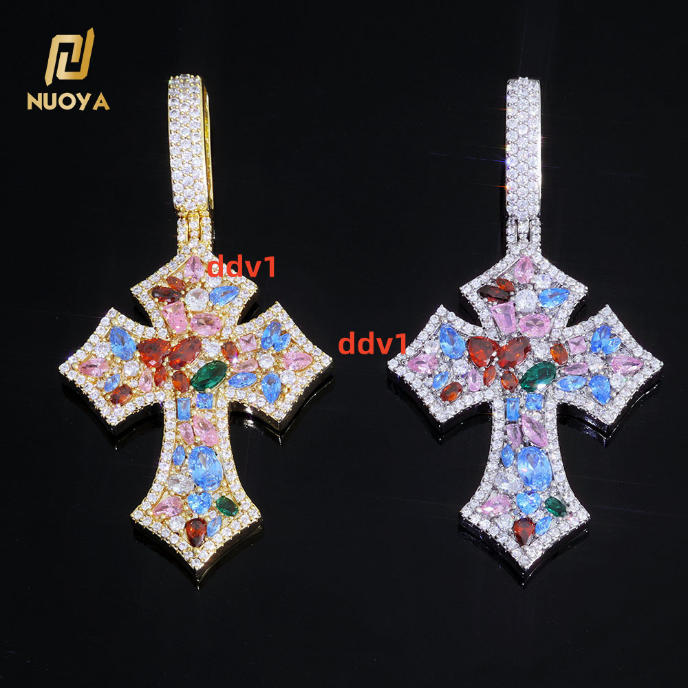 NUOYA Custom Colorful moissanite Iced Out Cross Pendant for Women High Quality Multi Color Diamond Pendant Hip Hop Rappers Jewelry Designer's sty