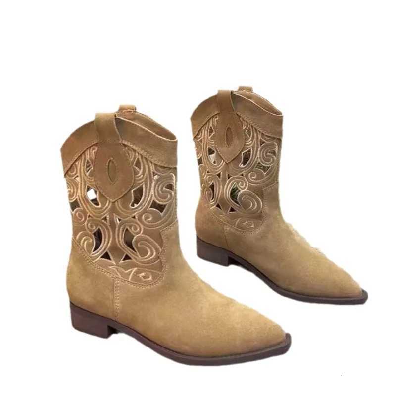 Luxury New Western Cowboy Boots Embroidered Hollow Womens Thick Heel Knight Boots Ethnic Style Retro Casual Ancient Short Boots Z251029