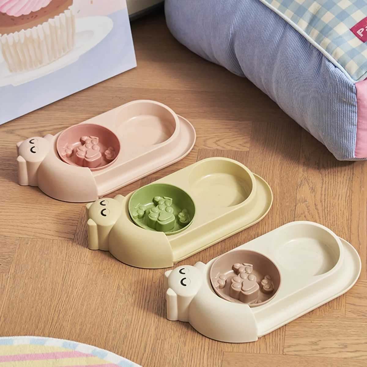 One piece multifunctional pet double bowl cartoon containing stainless steel bowl pet food utensils pet feeding water feeding J251113