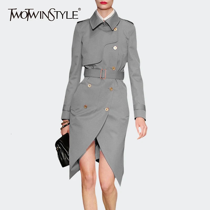 TWOTWINSTYLE Casual Irregular Trench For Women Lapel Long Sleeve High Waist Sashes Front Split Khaki Windbreaker Female 251029