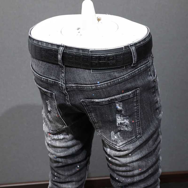 Street Fashion Men Jeans Retro Black Gray Elastic Slim Ripped Jeans Men Vintage Trousers Patched Painted Designer Hip Hop Pants J251030