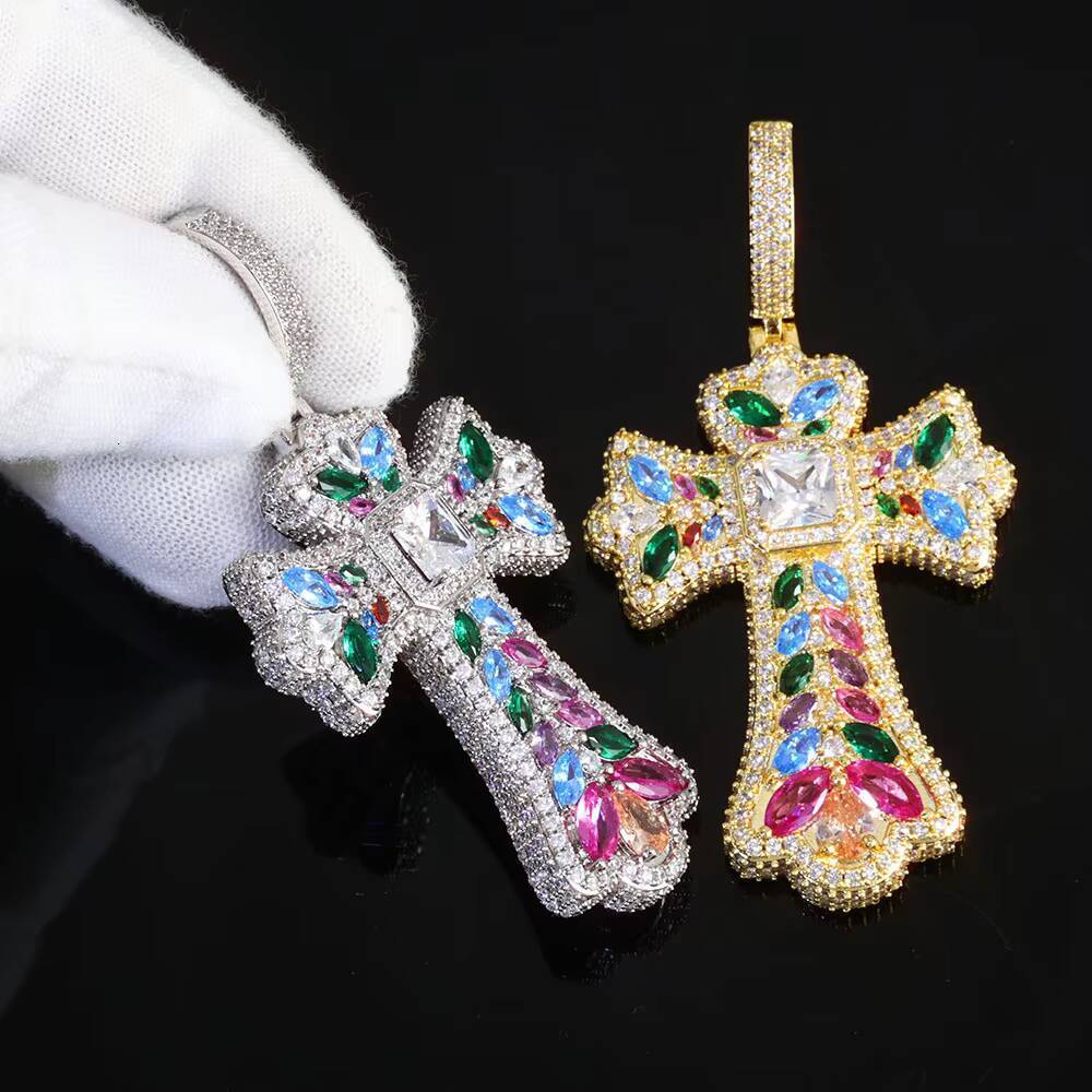 NUOYA Iced Out Colorful Cross Pendant Necklace Gold Plated Large Baguette moissanite Diamonds Custom Charm Design Hip Hop Jewelry Designer's styl