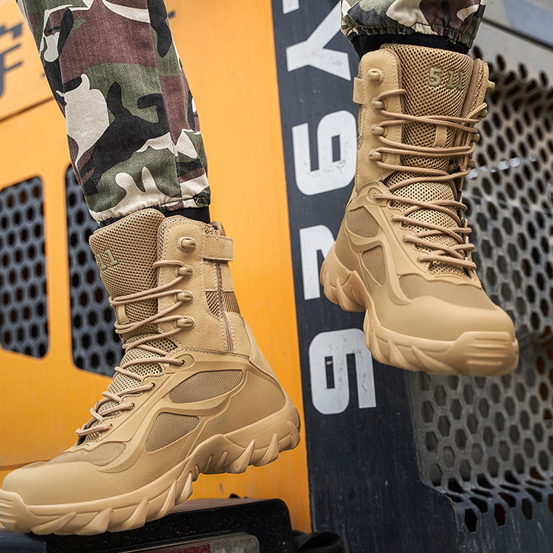 Designer Men's Shoes Outdoor Luxury Hiking Boots High-top Tactical Special Forces Military Boots Winter Warm Sneakers Work Safety Shoes Black Kha