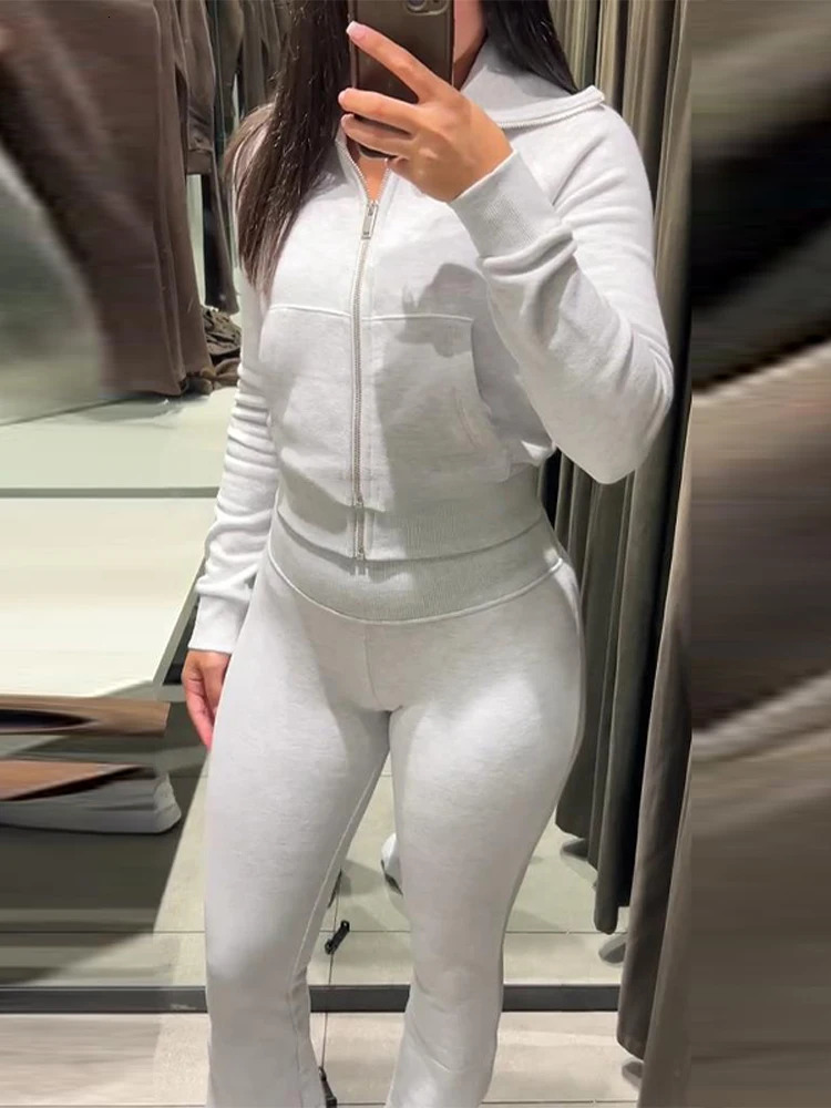 2 Piece Set Tracksuit For Woman Flared Pants Zip Coats Lapel Collar Outwear Autumn Trousers Casual Tops Daily Outwear Clothes 251029