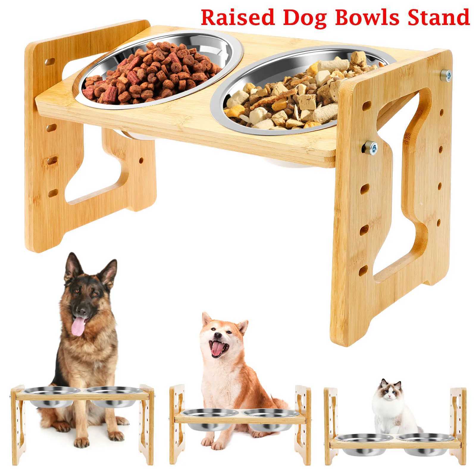 Elevated Dog Bowls Wood Tilted Adjustable Dogs Feeder Stand with Stainless Steel Food Bowls for Your Cat and Dog Pet Accessories J251113