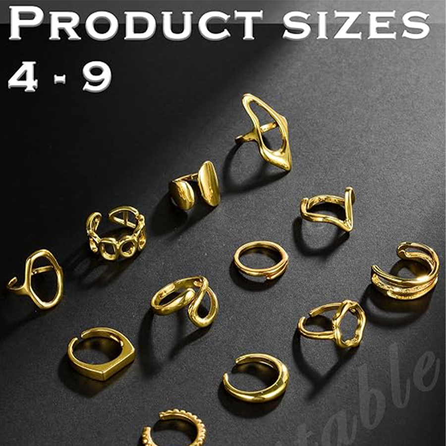 12Pcs Gold Stackable Rings 18K Gold Plated Chunky Knuckle Finger Ring Geometric Bead Cloud Wave Flower Hollow Statement Bands Signet Open Rings Adjust
