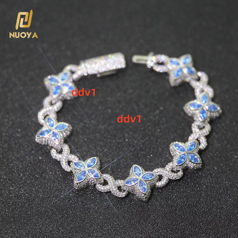 NUOYA New Style 8mm HipHop Jewelry Colorful Four Leaf Clover Chain Silver Plated Brass 5A moissanite Cuban Chain Bracelet for Women Designer's st