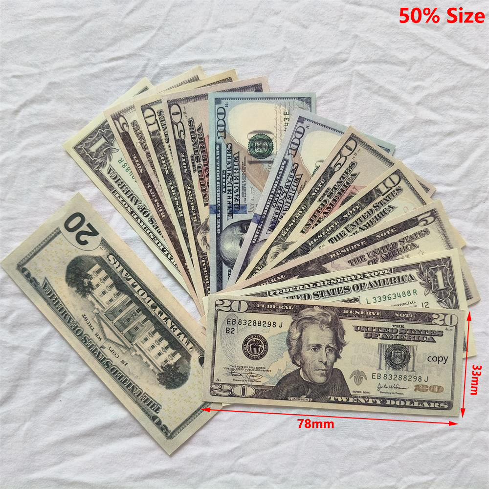 3A Quality Paper Fake Money US Party Supplies Copy Money UK Dollar Prop Money 1 5 10 20 50 100 CAD Movie Money Euros Play Collection Game Token Faux Billet 78*33mm 50% Size