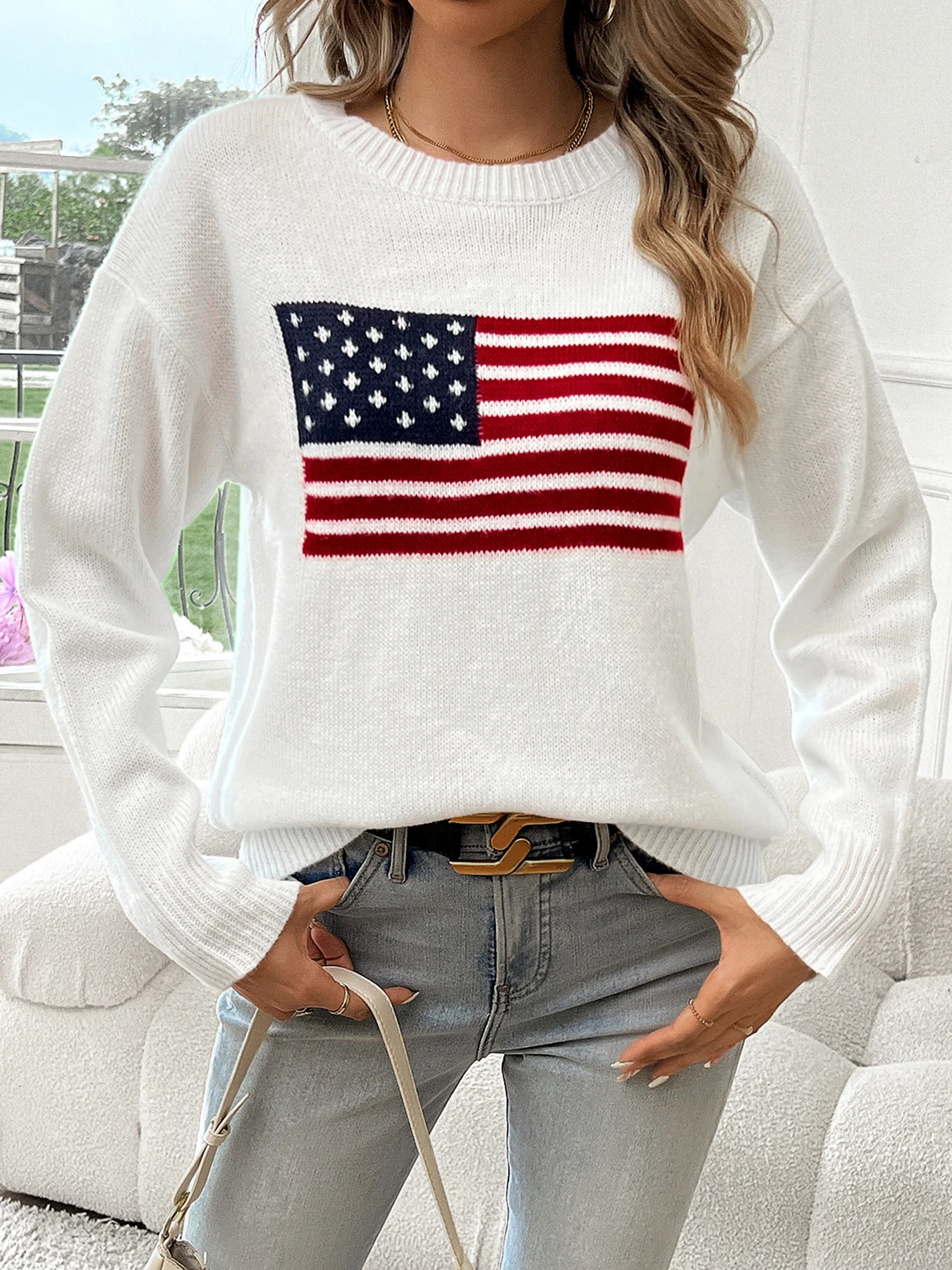 American Flag Crew Neck Long Sleeve Pullover Womens Sweater 251016