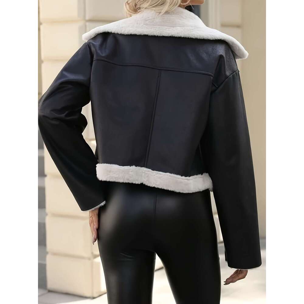 Faux Jacket Winter Faux Fur Lined Women S Motorcycle Jacket Polyester Hine Washable Black White Casual Zipper Front Coat For Autumn Cold Weather