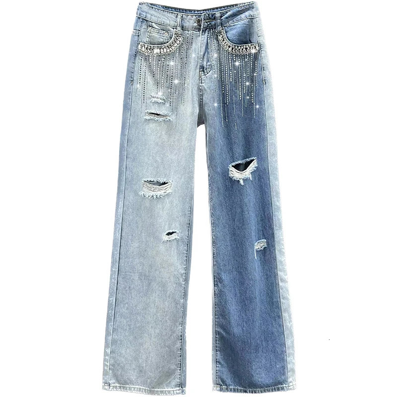 High Waist Wide Leg Jeans Womens Summer Sle Hole adient Diamond Embellied Loose Slimming BF Hong Sle Long P 251029