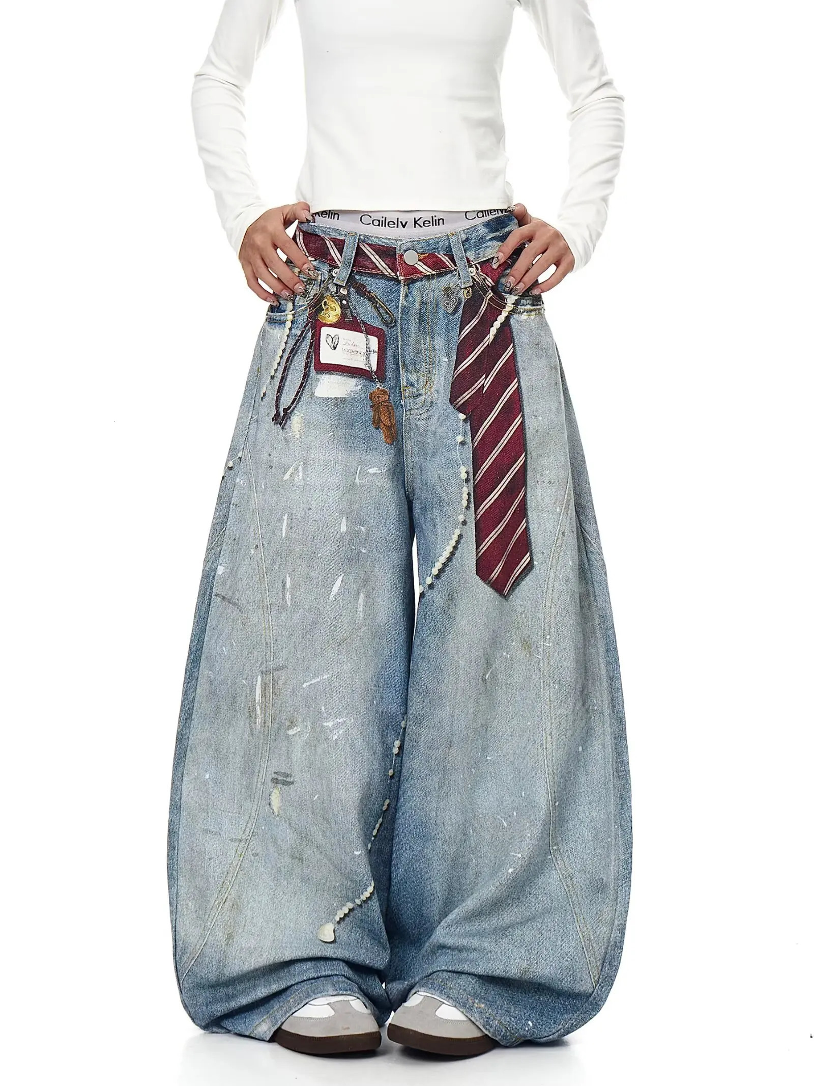 3D printed American retro straight leg wide leg jeans washed and worn high street jeans for women loose fitting Harajuku fashion 251029