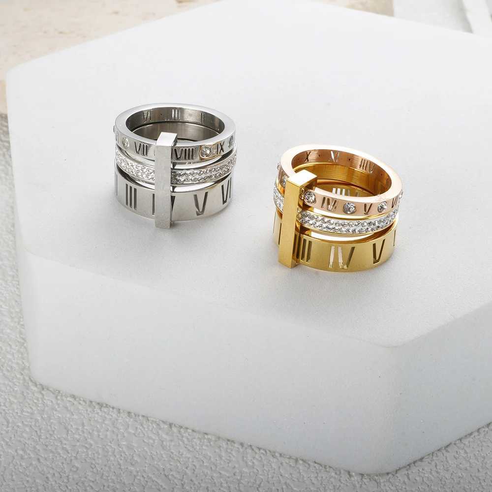 Three Layers Roman Numerals Ring for Women Luxury Stainless Steel Rotatable Crystal Finger Rings Female Wedding Trendy JewelryW251030