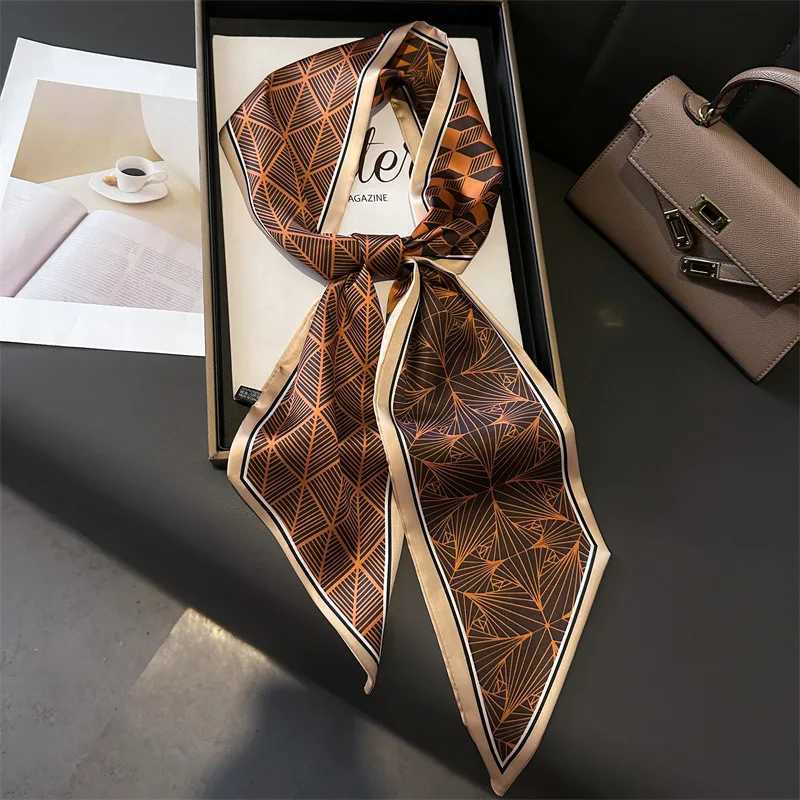 New 14x147cm Narrow Silk Scarves Shirt Neckerchief Doublelayered Checkered Pattern Women Tie Neck Bag Hair Headband HeadscarfW251029