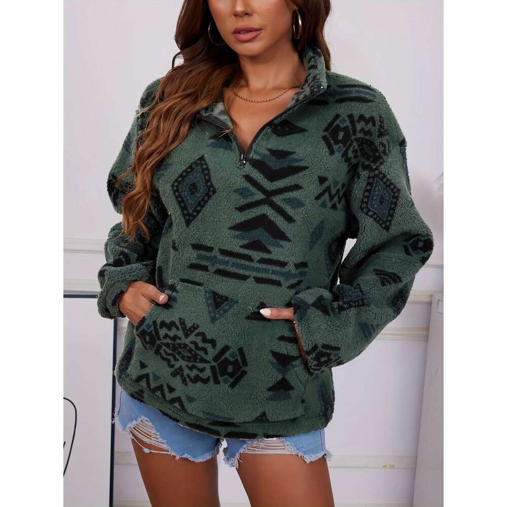 Women S Pullover Vintage Ethnic Half Zip Fleece Sweatshirt Stand Collar Warm Loose Pullover For Women Autumn Winter