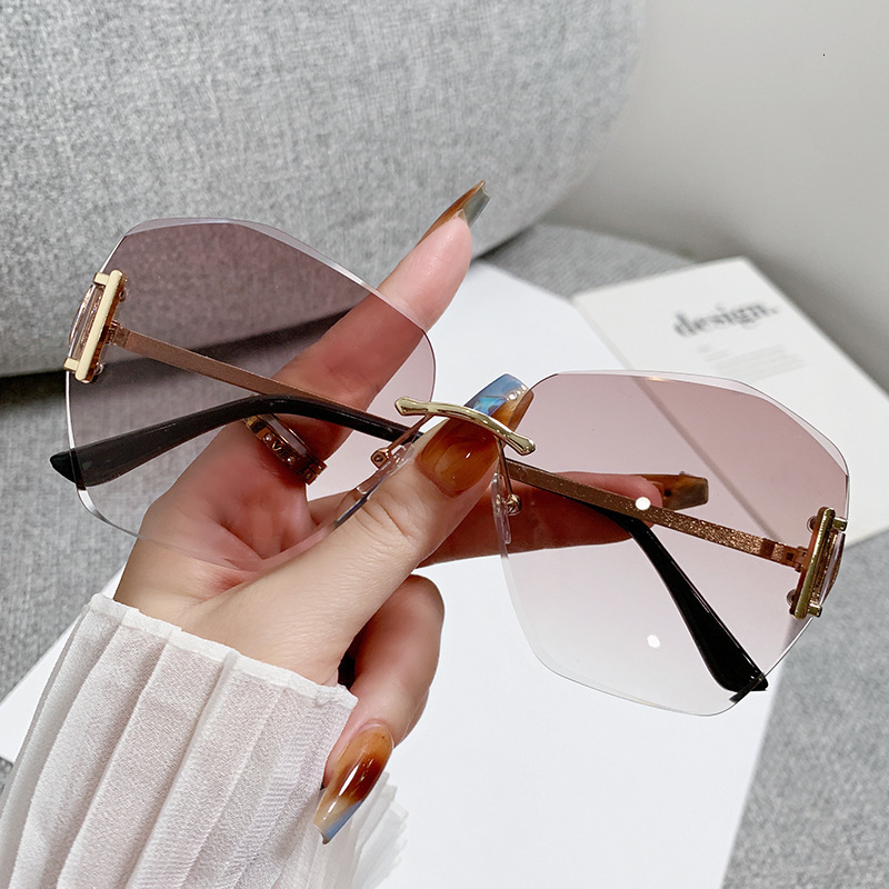 New Frameless Polygon for Women, High-End UV Protection Glasses, Fashionable Big Slimming Bare Face Sunglasses