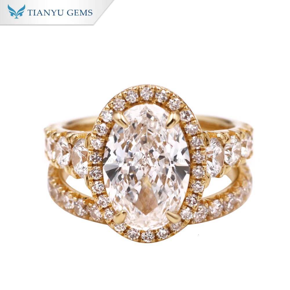 Tianyu Gems Oval Moissanite Diamond D VVS1 and halo 18k Yellow Gold Jewelry Ring Set for Women