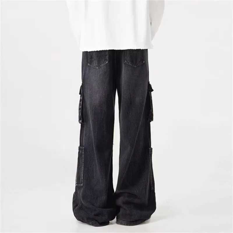 2025 American Retro Y2K Streetwear Washed Black Baggy Cargo Jeans Pants For Men Clothing Wide Leg Straight Trousers Ropa Hombre J251030