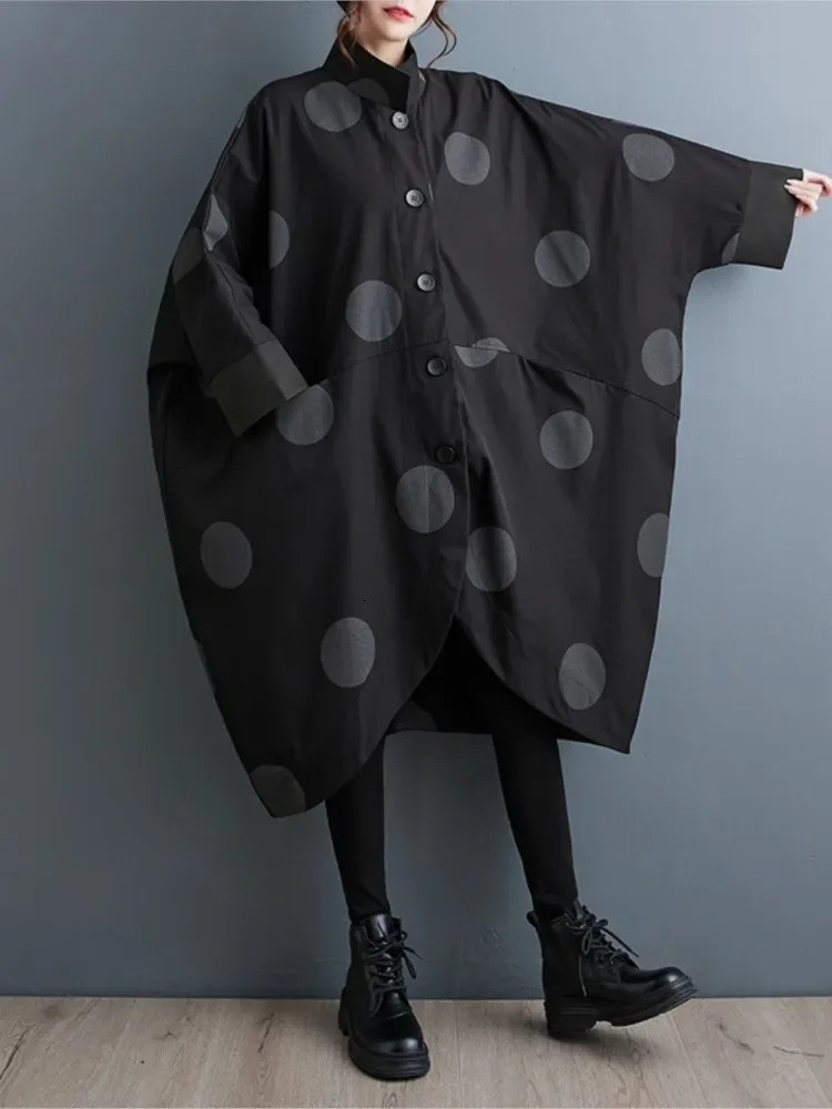 Oversized Polka Dot Trench Coat Women Vintage Autumn Loose Ladies Outwear Casual Trench Coats Fashion Woman Long Jacket Coat 251030